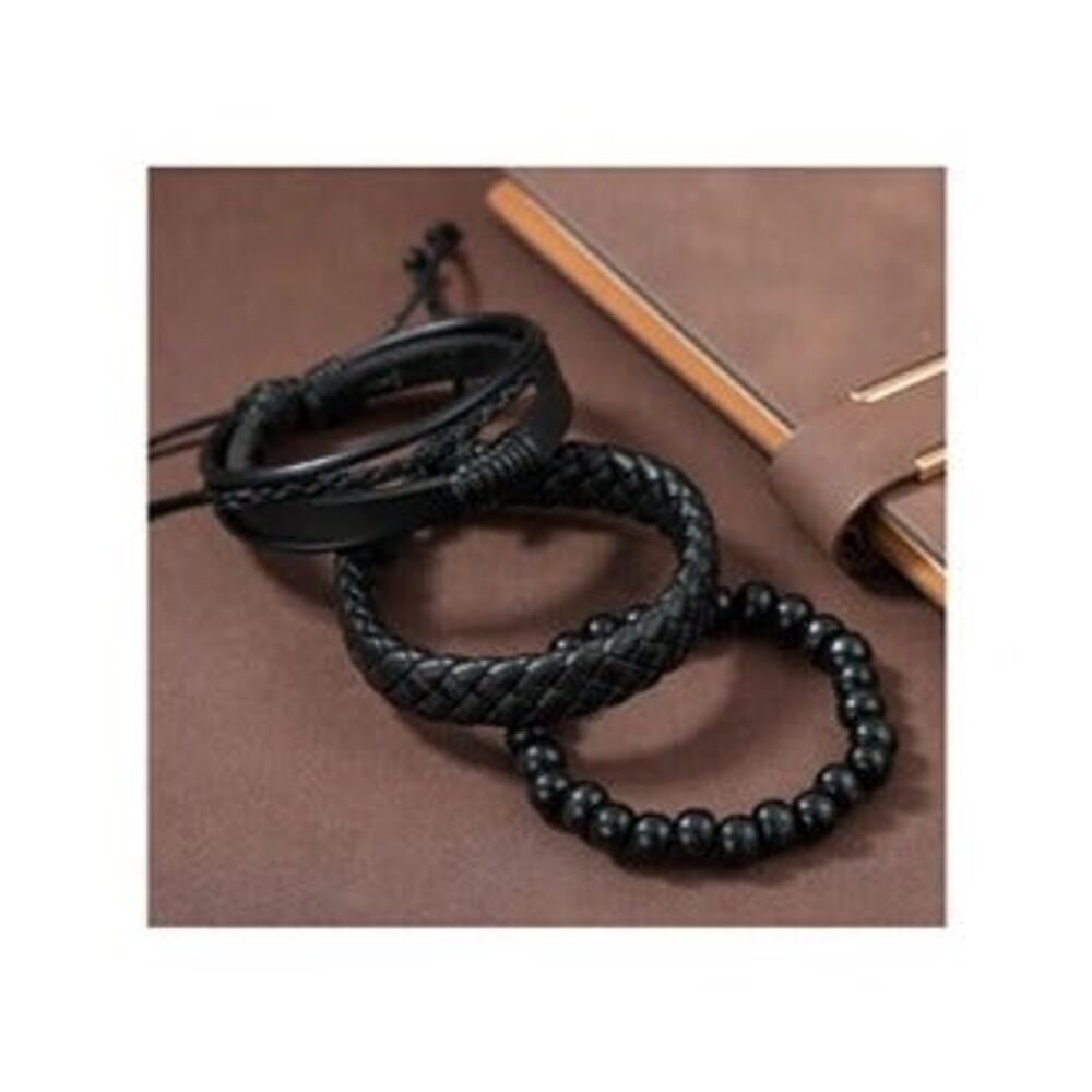3pcs Men's Vintage Black Leather Woven Handmade Bracelet - Picture 3 of 3